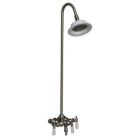 Tub Filler with Old Style Spigot, Porcelain Lever Handles, Riser, and Sunflower Shower Head, Brushed Nickel