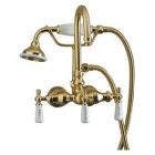 Tub Filler with Gooseneck Spout, Porcelain Lever Handles, Telephone Hand shower with Hose, Polished Brass
