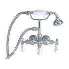 Tub Filler with Old Style Spigot, Porcelain Lever Handles, Telephone Hand shower with Hose, Polished Chrome