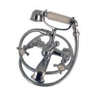 Tub Filler with Elephant Spout, Metal Cross Handles, Tulip Style Hand shower, Swivel Mounts, Polished Chrome