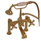 Tub Filler with Elephant Spout, Metal Cross Handles, Telephone Hand shower, 6" Elbows, Polished Brass