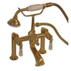Tub Filler with Elephant Spout, Porcelain Lever Handles, Telephone Hand shower, 6" Elbows, Polished Brass