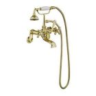 Tub Filler with Elephant Spout, Metal Cross Handles, Telephone Hand shower, Swivel Mounts, Polished Brass