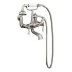 Tub Filler with Elephant Spout, Porcelain Lever Handles, Telephone Hand shower, Swivel Mounts, Brushed Nickel