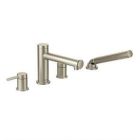 Brushed nickel two-handle roman tub faucet includes hand shower