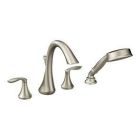 Brushed nickel two-handle roman tub faucet includes hand shower