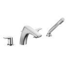 Chrome two-handle roman tub faucet includes hand shower
