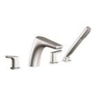 Brushed nickel two-handle roman tub faucet includes hand shower
