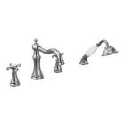 Chrome two-handle roman tub faucet includes hand shower