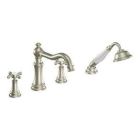 Brushed nickel two-handle roman tub faucet includes hand shower