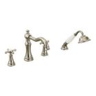 Polished nickel two-handle roman tub faucet includes hand shower