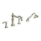 Brushed nickel two-handle roman tub faucet includes hand shower