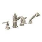 Brushed nickel two-handle roman tub faucet includes hand shower