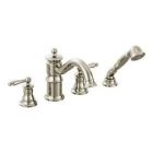 Polished nickel two-handle roman tub faucet includes hand shower