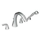 Chrome two-handle roman tub faucet includes hand shower
