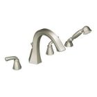 Brushed nickel two-handle roman tub faucet includes hand shower