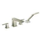Brushed nickel two-handle roman tub faucet includes hand shower