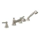 Brushed nickel two-handle roman tub faucet includes hand shower