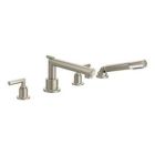 Brushed nickel two-handle roman tub faucet includes hand shower