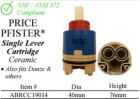 WALTER, ABRCC19014, PRICE PFISTER/DANZE SINGLE LEVER CERAMIC CARTRIDGE